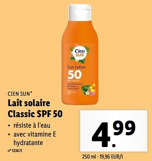 Promotions Lait solaire classic spf 50 - Cien sun - Valide de 15/05/2024 à 21/05/2024 chez Lidl