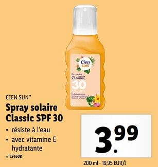 Promotions Spray solaire classic spf 30 - Cien sun - Valide de 15/05/2024 à 21/05/2024 chez Lidl
