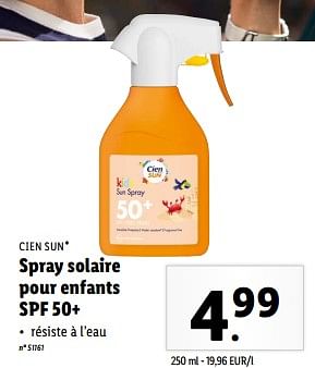 Promotions Spray solaire pour enfants spf 50+ - Cien sun - Valide de 15/05/2024 à 21/05/2024 chez Lidl