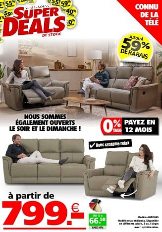 Promotions Modèle antonio - Produit maison - Seats and Sofas - Valide de 20/05/2024 à 26/05/2024 chez Seats and Sofas