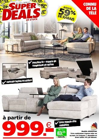 Promotions Modèle argentina - Produit maison - Seats and Sofas - Valide de 20/05/2024 à 26/05/2024 chez Seats and Sofas