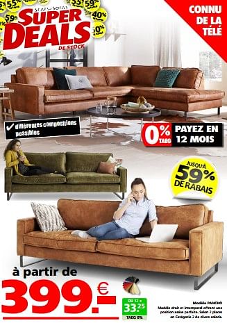 Promotions Modèle pancho - Produit maison - Seats and Sofas - Valide de 20/05/2024 à 26/05/2024 chez Seats and Sofas