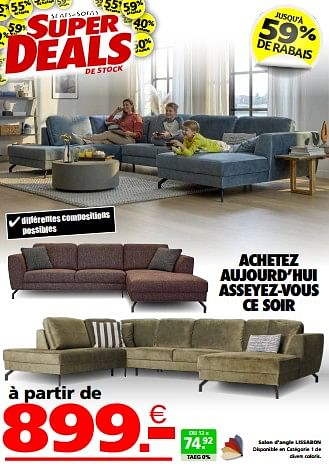 Promotions Salon d’angle lissabon - Produit maison - Seats and Sofas - Valide de 20/05/2024 à 26/05/2024 chez Seats and Sofas