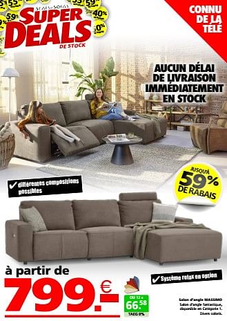 Promotions Salon d’angle massimo - Produit maison - Seats and Sofas - Valide de 20/05/2024 à 26/05/2024 chez Seats and Sofas