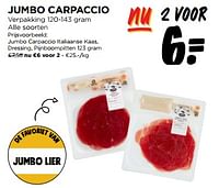 Promoties Jumbo carpaccio italiaanse kaas dressing pijnboompitten - Huismerk - Jumbo - Geldig van 15/05/2024 tot 21/05/2024 bij Jumbo