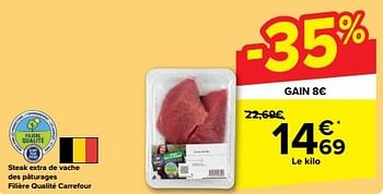 Promotions Steak extra de vache des pâturages filière qualité carrefour - Produit maison - Carrefour  - Valide de 15/05/2024 à 27/05/2024 chez Carrefour