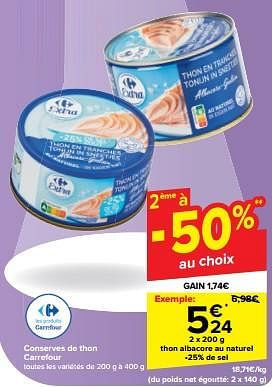 Promotions Thon albacore au naturel - Produit maison - Carrefour  - Valide de 15/05/2024 à 27/05/2024 chez Carrefour