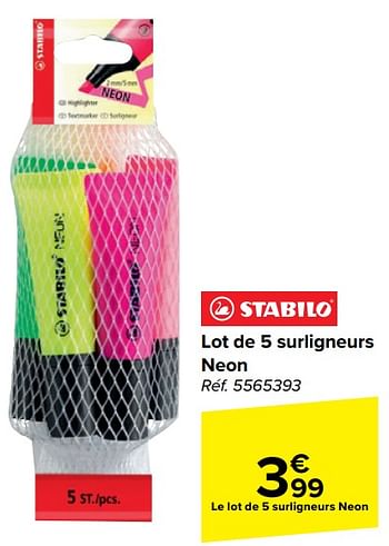Promotions Lot de 5 surligneurs neon - Stabilo - Valide de 15/05/2024 à 27/05/2024 chez Carrefour