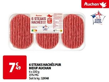 Promotions 6 steaks hachés pur boeuf auchan - Produit Maison - Auchan Ronq - Valide de 14/05/2024 à 21/05/2024 chez Auchan Ronq