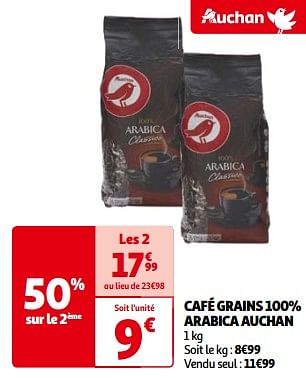Promotions Café grains 100% arabica auchan - Produit Maison - Auchan Ronq - Valide de 14/05/2024 à 21/05/2024 chez Auchan Ronq