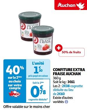 Promotions Confiture extra fraise auchan - Produit Maison - Auchan Ronq - Valide de 14/05/2024 à 21/05/2024 chez Auchan Ronq