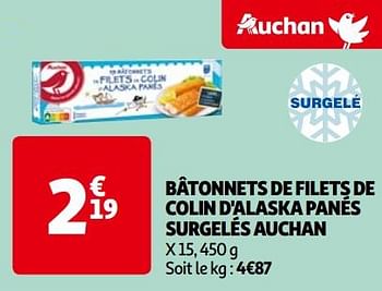 Promotions Bâtonnets de filets de colin d`alaska panés surgelés auchan - Produit Maison - Auchan Ronq - Valide de 14/05/2024 à 21/05/2024 chez Auchan Ronq