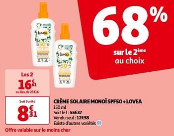 Promoties Crème solaire monoï spf50 + lovea - Lovea - Geldig van 14/05/2024 tot 21/05/2024 bij Auchan