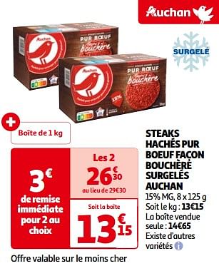 Promoties Steaks hachés pur boeuf façon bouchère surgelés auchan - Huismerk - Auchan - Geldig van 14/05/2024 tot 21/05/2024 bij Auchan