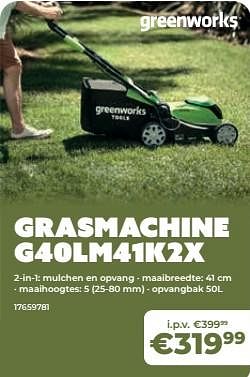 Promoties Greenworks grasmachine g40lm41k2x - Greenworks - Geldig van 20/05/2024 tot 30/06/2024 bij Europoint