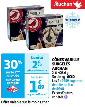 Promotions Cônes vanille surgelés auchan - Produit Maison - Auchan Ronq - Valide de 14/05/2024 à 19/05/2024 chez Auchan Ronq