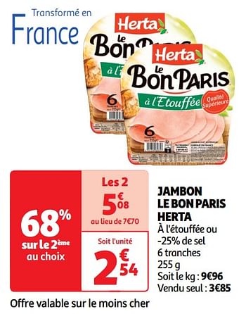 Promotions Jambon le bon paris herta - Herta - Valide de 14/05/2024 à 19/05/2024 chez Auchan Ronq