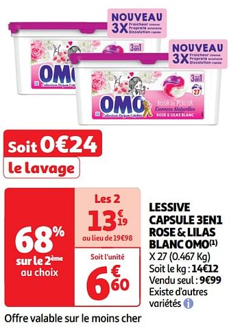 Promotions Lessive capsule 3en1 rose + lilas blanc omo - Omo - Valide de 14/05/2024 à 19/05/2024 chez Auchan Ronq