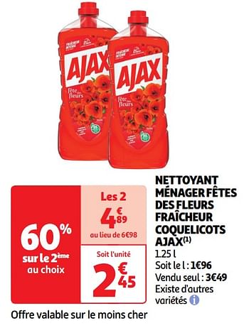 Promotions Nettoyant ménager fêtes des fleurs fraîcheur coquelicots ajax - Ajax - Valide de 14/05/2024 à 19/05/2024 chez Auchan Ronq