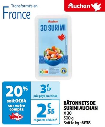 Promoties Bâtonnets de surimi auchan - Huismerk - Auchan - Geldig van 14/05/2024 tot 21/05/2024 bij Auchan