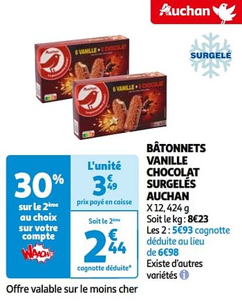 Promoties Bâtonnets vanille chocolat surgelés auchan - Huismerk - Auchan - Geldig van 14/05/2024 tot 21/05/2024 bij Auchan