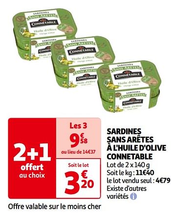 Promoties Sardines sans arêtes à l`huile d`olive connetable - Connétable - Geldig van 14/05/2024 tot 21/05/2024 bij Auchan