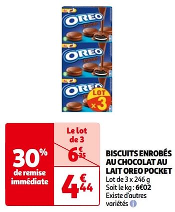 Promoties Biscuits enrobés au chocolat au lait oreo pocket - Oreo - Geldig van 14/05/2024 tot 21/05/2024 bij Auchan