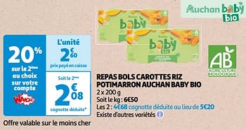 Promoties Repas bols carottes riz potimarron auchan baby bio - Huismerk - Auchan - Geldig van 14/05/2024 tot 21/05/2024 bij Auchan