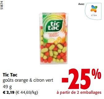 Promotions Tic tac goûts orange + citron vert - TicTac - Valide de 08/05/2024 à 21/05/2024 chez Colruyt