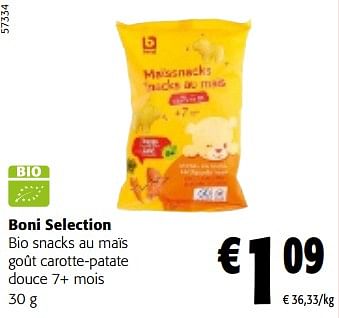 Promotions Boni selection bio snacks au maïs goût carotte-patate douce 7+ mois - Boni - Valide de 08/05/2024 à 21/05/2024 chez Colruyt