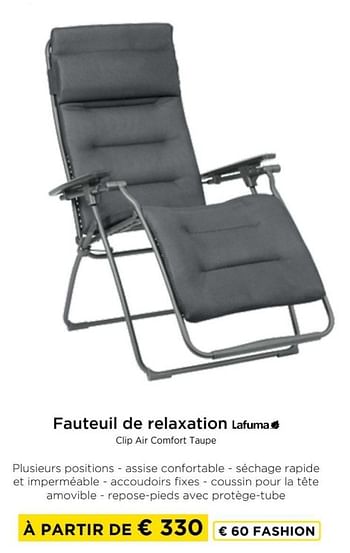 Promotions Fauteuil de relaxation lafuma clip air comfort taupe - Lafuma - Valide de 09/05/2024 à 20/05/2024 chez Molecule