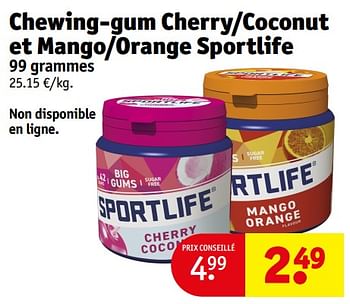 Promotions Chewing gum cherry coconut et mango orange sportlife - Sportlife - Valide de 14/05/2024 à 26/05/2024 chez Kruidvat