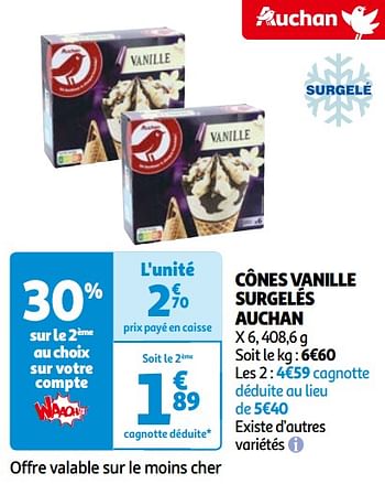 Promotions Cônes vanille surgelés auchan - Produit Maison - Auchan Ronq - Valide de 14/05/2024 à 21/05/2024 chez Auchan Ronq