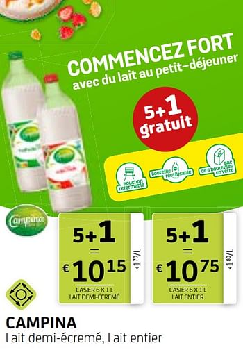 Promotions Campina lait demi-écremé lait entier - Campina - Valide de 10/05/2024 à 23/05/2024 chez BelBev