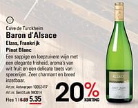 Promoties Cave de turckheim baron d`alsace elzas frankrijk pinot blanc - Witte wijnen - Geldig van 16/05/2024 tot 03/06/2024 bij Sligro