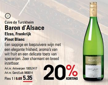 Promoties Cave de turckheim baron d`alsace elzas frankrijk pinot blanc - Witte wijnen - Geldig van 16/05/2024 tot 03/06/2024 bij Sligro