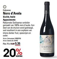 Promoties Colpasso nero d`avola sicilië appasimento - Rode wijnen - Geldig van 16/05/2024 tot 03/06/2024 bij Sligro