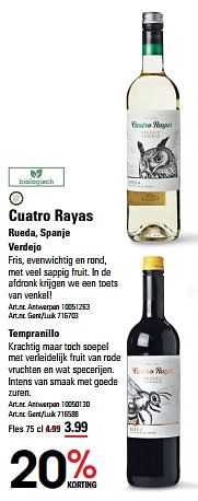 Promoties Cuatro rayas rueda verdejo - Witte wijnen - Geldig van 16/05/2024 tot 03/06/2024 bij Sligro