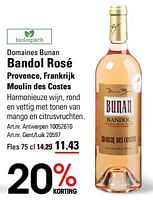Promoties Domaines bunan bandol rosé provence moulin des costes - Rosé wijnen - Geldig van 16/05/2024 tot 03/06/2024 bij Sligro