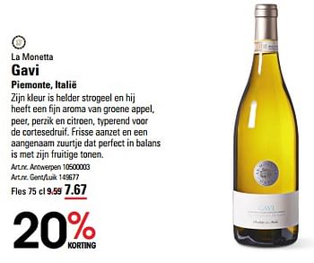 Promoties La monetta gavi piemonte - Witte wijnen - Geldig van 16/05/2024 tot 03/06/2024 bij Sligro