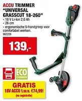 Promoties Bosch accu trimmer universal grasscut 18-260 - Bosch - Geldig van 15/05/2024 tot 26/05/2024 bij Hubo
