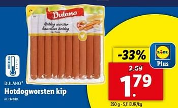Promoties Hotdogworsten kip - Dulano - Geldig van 22/05/2024 tot 28/05/2024 bij Lidl