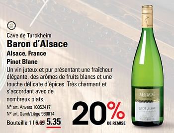 Promotions Baron d’alsace alsace, france pinot blanc - Vins blancs - Valide de 16/05/2024 à 03/06/2024 chez Sligro