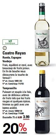 Promotions Cuatro rayas rueda, espagne verdejo - Vins blancs - Valide de 16/05/2024 à 03/06/2024 chez Sligro