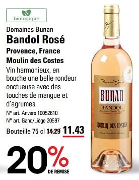 Promotions Domaines bunan bandol rosé provence, france moulin des costes - Vins rosé - Valide de 16/05/2024 à 03/06/2024 chez Sligro