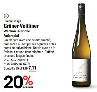Promotions Himmelstiege grüner veltliner wachau, autriche federspiel - Vins blancs - Valide de 16/05/2024 à 03/06/2024 chez Sligro