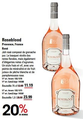 Promotions Roseblood provence, france rosé - Vins rosé - Valide de 16/05/2024 à 03/06/2024 chez Sligro