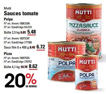 Promotions Sauces tomate polpa - Mutti - Valide de 16/05/2024 à 03/06/2024 chez Sligro