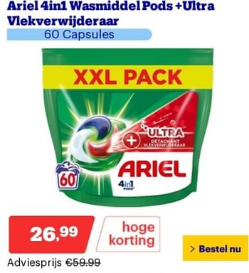 Promoties Ariel 4in1 wasmiddel pods +ultra vlekverwijderaar - Ariel - Geldig van 14/05/2024 tot 19/05/2024 bij Bol.com