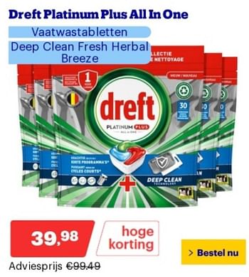 Promoties Dreft platinum plus allin one vaatwastabletten deep clean fresh herbal breeze - Dreft - Geldig van 14/05/2024 tot 19/05/2024 bij Bol.com
